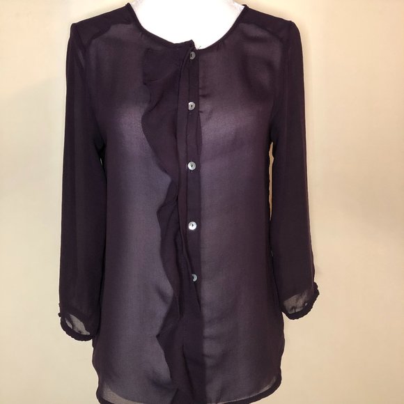 H&M 3/4 Sleeve Purple Sheer Ruffle Front Blouse - Picture 5 of 10